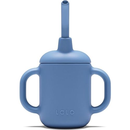 Lalo Little Cup, Non-Toxic Silicone Straw Cup with Handles - Baby and Toddler Sippy Cup - Mini Cup and Straw Training System, 4oz, Blueberry