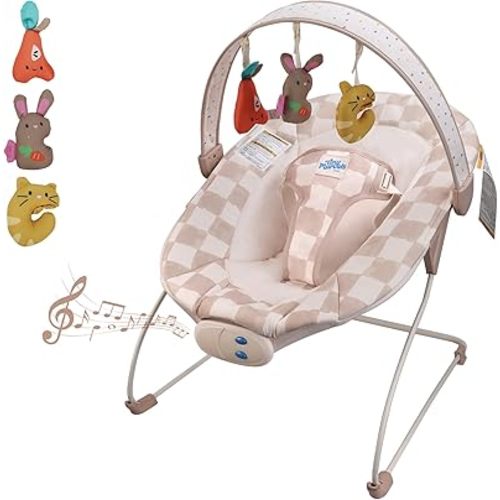 Baby Bouncer – Baby Bouncer seat, Infants Bouncy Seat with Music & Sensory Toys, Compact & Machine Washable Seat Pad Indoor Infant Seat, Ideal for Newborns 0-6 Months, Max Weight 20lbs (Sand Checker)