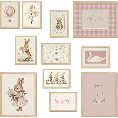 TwoDays Baby Nursery Decor for Girls, Pink Vintage Rabbit Bunny Wall Art for Toddler Kids Playroom, Swan Animals Posters for Bedroom (Multi Sizes, Set of 11, 8" X 10" Largest, UNFRAMED)