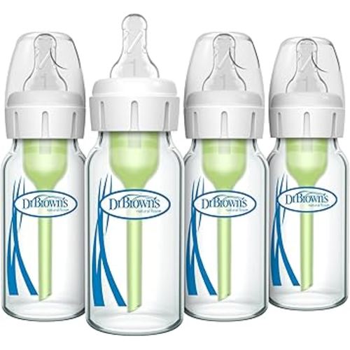 Dr. Brown's Natural Flow Anti-Colic Options+ Narrow Glass Baby Bottle 4 oz/120 mL, with Level 1 Slow Flow Nipple, 4 Pack, 0m+