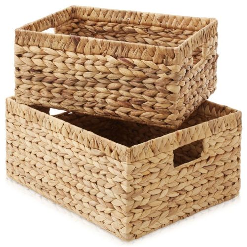 Casafield Water Hyacinth Storage Basket Set With Handles - 1-jumbo, 1-large Woven Organizers For Bathroom, Laundry, Pantry, Office, Shelves