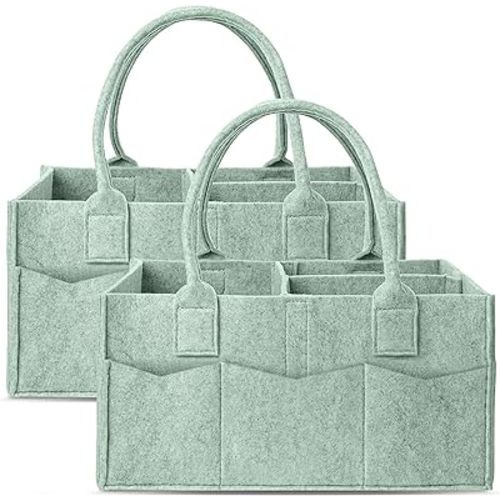 Cute Castle 2 Pack Diaper Caddy Organizer - Portable Baby Caddy Organizer with Handle, Nursery Storage Bin and Car Organizer for Girls, Boys - Baby Gift Basket - Green, Large
