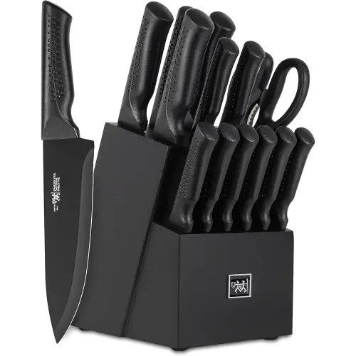 Knife Set, 15 Pcs Kitchen Knife Set with Block Self Sharpening, Dishwasher Safe, 6 Steak Knives, Anti-slip handle, Black