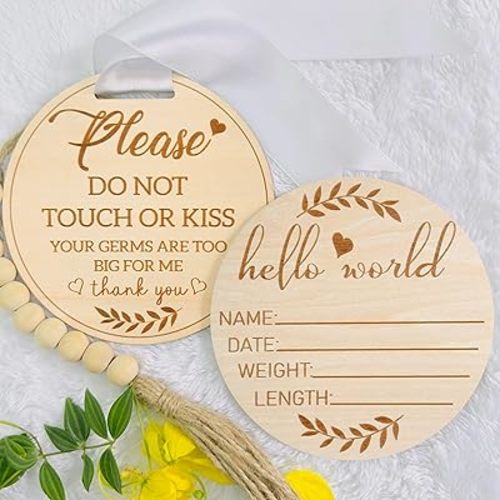 Hello World Newborn Sign and Please Do Not Touch or Kiss Baby Sign 2Pcs, 5.9 inch Wooden Baby Name Announcement Sign, Baby Birth Wooden Sign, Please Do Not Touch Baby Wooden Sign for Newborn Baby