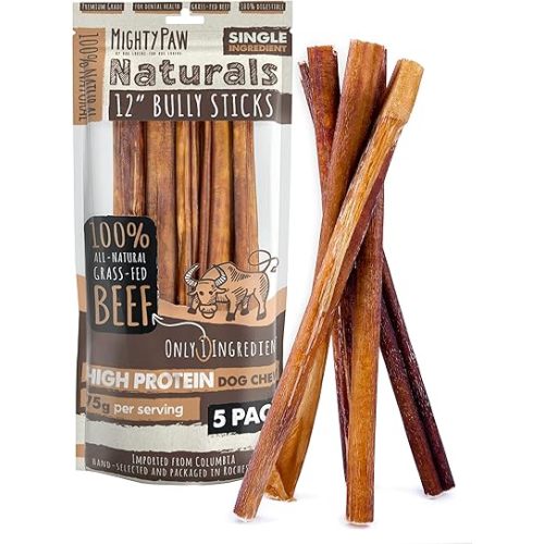 Mighty Paw Naturals 12" Bully Sticks for Dogs - Grass Fed Beef Chews. Dog Bully Sticks for Large Dogs, Medium and Small Breeds. Lower Odor Treats for Small Pets. Single Ingredient