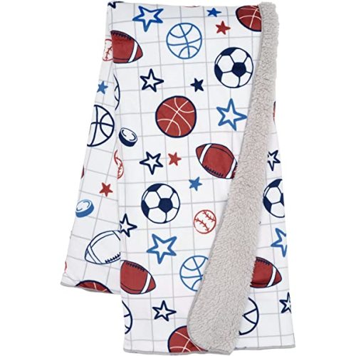 Lambs & Ivy Baby Sports White Fleece Baby Blanket - Football/Basketball/Baseball
