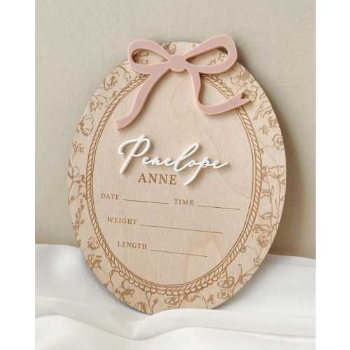 Girl Birth Name Sign Bow Hospital Announcement for Baby Girl Floral Birth Announcement Vintage Style Name Sign Announcement Plaque with Bow