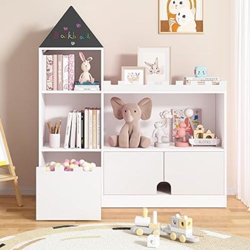Toy Storage Organizer, Kids Castle Bookshelf, 6 Cubby Children Bookshelf, 39.4’’ Wood Montessori Shelf Baby Book Shelf for Nursery, Playroom, Living Room (White)