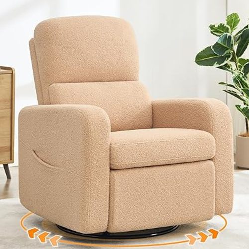 Swivel Rocker Recliner, Oversized Manual Nursery Glider Rocking Recliner Chair with Removable Cushion, Upholstered Boucle Swivel Reclining Chair for Nursery Living Room Bedroom,Teddy Camel
