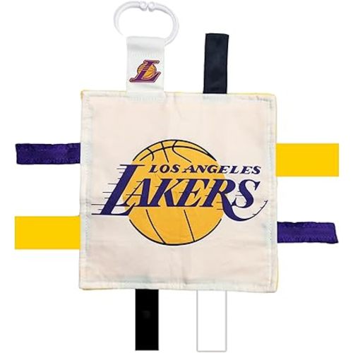 The Learning Lovey LA Lakers Baby Tag Toy - NBA Basketball - Baby Sensory Crinkle Toys - Soft & Safe - Ideal Baby Stroller Toy - BPA Free w/Stroller Clip (8" x 8" Tag Toy)