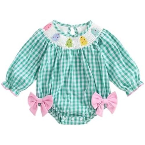 Newborn Christmas Baby Girl Romper Bow Plaid Outfit Christmas Trees Smocked Long Sleeve Bodysuit Bubble Clothes