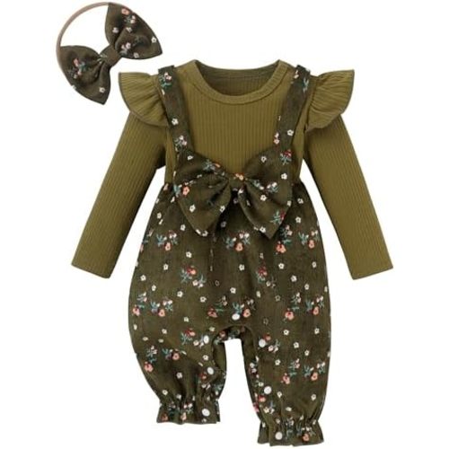 Newborn Infant Baby Girl Clothes Outfits Ruffle Romper with Headband Longsleeve Jumpsuit Coming Home Outfit