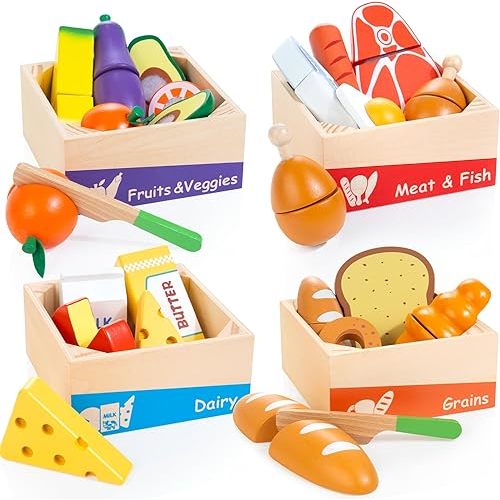 Wooden Play Food Set for Toddlers - Montessori Pretend Play Kitchen Toys with Color Sorting Food Groups & Cutting Fruits Vegetables for Boys & Girls Ages 3 4 5 6, Ideal