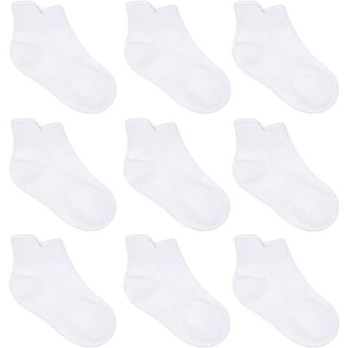 Zaples Baby Non Slip Grip Ankle Socks with Non Skid Soles for Infants Toddlers Kids Boys Girls - 0-6 Months - White - 9 Pairs