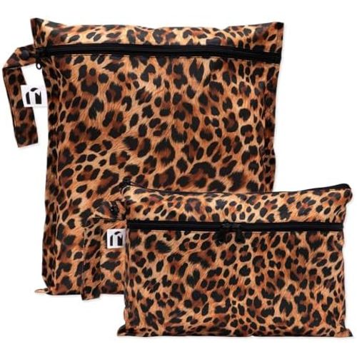 Bumkins Roamio Waterproof Wet Bag & Wet/Dry Clutch Set – Reusable Travel Organizers for Swim, Beach, Gym, Baby Gear, Cloth Diapers, Pump Parts, Pool, Toiletries – Machine Washable, Leopard 2-Pack