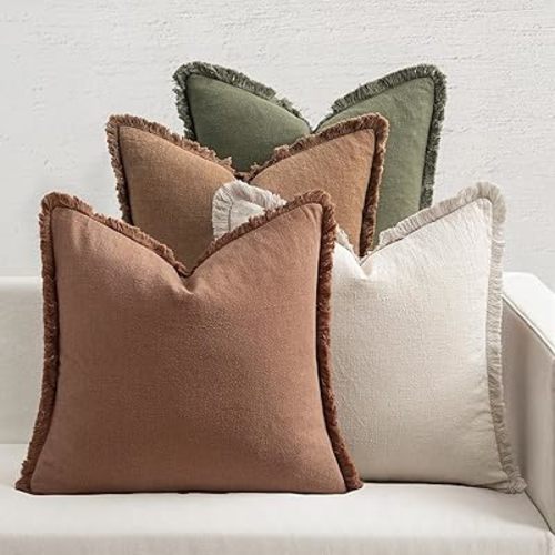 MIULEE Decorative Couch Pillow Covers Neutral Linen Fringe Throw Pillows Set of 4 Soft Rustic Cushions Boho Farmhouse Pillowcases for Bed Sofa Living Room Home Decor 18x18 Inch Beige/Brown/Green