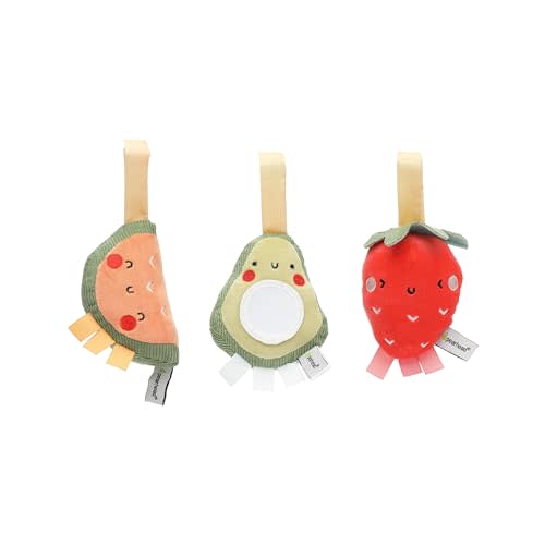 Pearhead Fruit Stroller Toys, Plush Interactive Toy Set for Baby Car Seat with Hanging Mirror, Easter Basket Gift, Baby Car Mirror Toys, Strawberry Avocado Watermelon, Set of 3