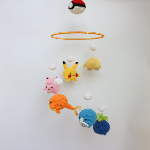 Mini Pokemon mobile ,Pikachu, Chikorita, Charmander, Jigglypuff, Manaphy, crochet baby mobile, nursery decor, crochet mobile,baby gift
