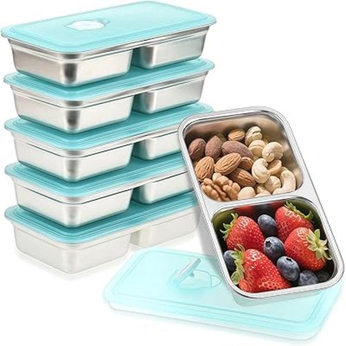 6Pcs 304 Stainless Steel Bento Boxes, 30 oz 2 Compartments Portable Food Storage Containers Snack Boxes with Leakproof Lids, Divided Meal Prep Lunch Box Food Container Dishwasher Safe