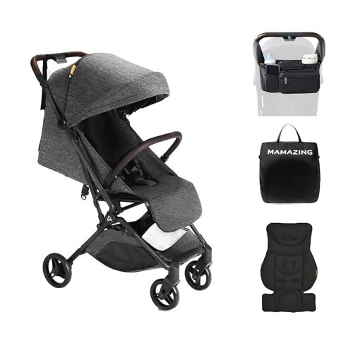 MAMAZING Lightweight Baby Travel Stroller with Carbor Fiber Frame, Compact & Airplane-Friendly, One-Handed Folding Design, 11.6 lbs, Perfect for Toddlers, Organizer & Cushion Included, Black