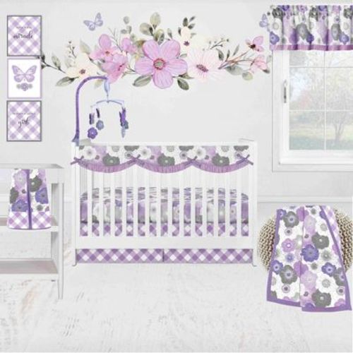 Bacati - Watercolor Floral Purple Gray 10 pc Girls Crib Bedding Set with Long Rail Guard Cover