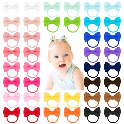 LALAURA 40pcs 1.6 Inches Baby Hair Ties with Bows Elastics Ponytail Holders Baby Bows Tiny Rubber Ribbon Hair Bands For Baby Girls Infants Hair Accessories