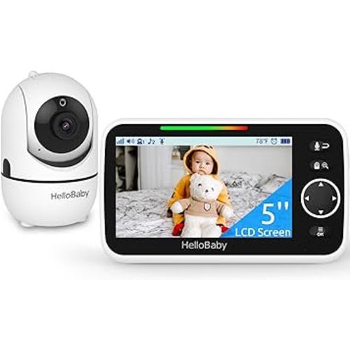 HelloBaby Baby Monitor, 5''Sreen with 30-Hour Battery, Pan-Tilt-Zoom Video Baby Monitor with Camera and Audio, No WiFi, 1000ft Range, ECO, 2-Way Talk, 8 Lullabies and Night Vision, Time & Alarm