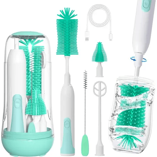 Electric Bottle Brush Cleaner, Portable Rechargable Baby Bottle Cleaner Kit for Travel with Silicone Nipple & Straw Brush, Drainage Rack, Storage Box(Green)