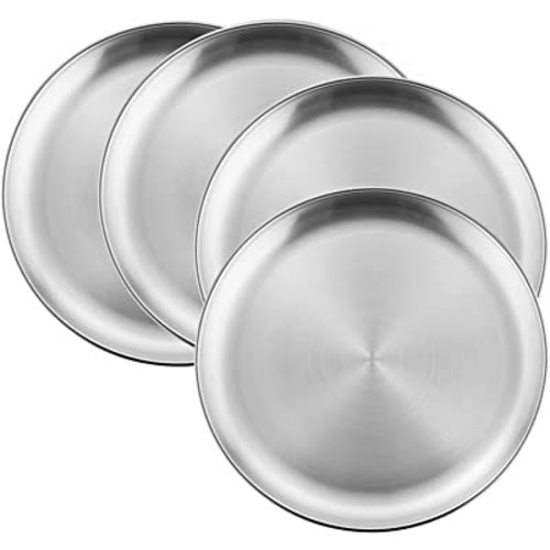 HaWare 4-Piece 18/8 Stainless Steel Plates, Metal 304 Dinner Dishes for Kids Toddlers Children, 10 Inches Feeding Serving Camping Plates, Reusable and Dishwasher Safe