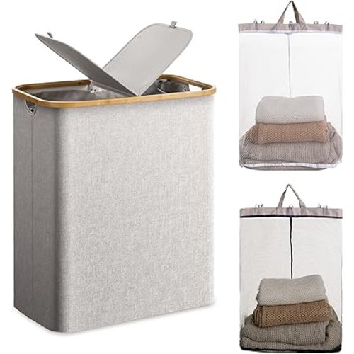 HBlife 145L Extra Large Double Laundry Hamper with Lid and Removable Inner Bag, 2 Section Collapsible Dirty Clothes Basket Organizer for Bathroom, Bedroom and Laundry Room, Light Grey