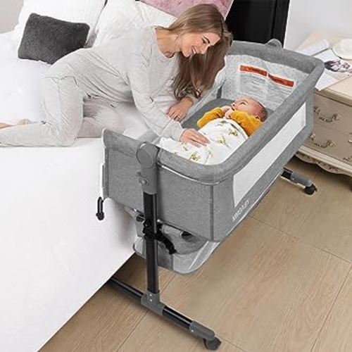 MMBABY Baby Bassinet Bedside Sleeper Bedside Crib Easy Folding Portable Crib 3 in 1 Travel Baby Bed with Adjustable Height,Breathable Net,Large Storage Bag and Mattress (Light Grey)
