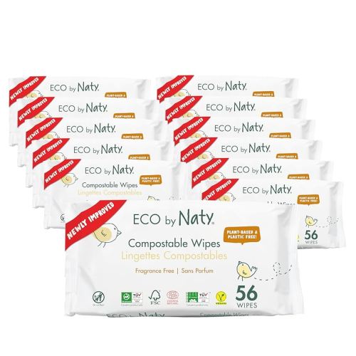 Eco by Naty Baby Wipes Unscented - 100% Compostable and Plant-Based Wipes, Good for Babies and Newborn Sensitive Skin (672 Count - 12 packs of 56)