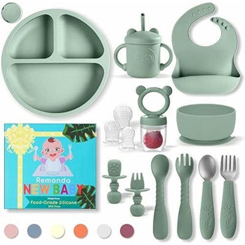 Baby Led Weaning Supplies,Silicone Baby Feeding Set, Baby Gifts,Suction Plate Bowl Set, Self Feeding Utensil Sets, Bib, Cup, Fruit Feeder, First Stage Eating Essentials, 6+ Months(Green)