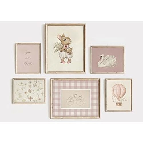 6Pcs Pink Nursery Girl Canvas Wall Art Antique Cute Animal Rabbit Swan Flowers Vintage Girls Room Paintings Pictures Wall Decor Poster Print Artwork for Kid Baby Girls Bedroom Unframed