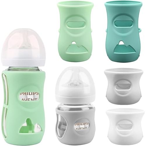 Silicone Sleeves for Avent Glass Natural Baby Bottle,4 Pack Bottles Shatter Proof Bottle Covers,Anti Flow Holder Compatible Baby Bottle 4 oz & 8 oz,BPA Free(Grey+White+Blue+Green)