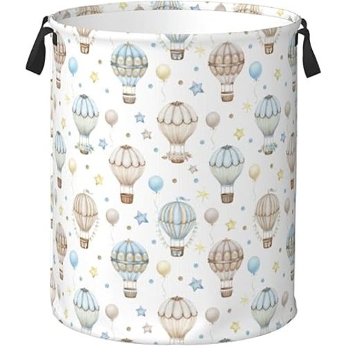 Cute Hot Air Balloon Stars Laundry Hamper Bag With Waterproof Liner - Round Laundry Basket Foldable Clothes Storage Organizer For Bathroom Bedroom Nursery Dorm, M-19.6"X 15.7"