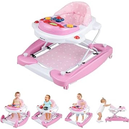 HONEY JOY Baby Walker, 6-in-1 Foldable Baby Walker and Bouncer Combo, Infant Activity Walker with Wheels, Adjustable Heights, Rocker, Music, Lights, Walker for Baby Boy Girl 7-14 Months