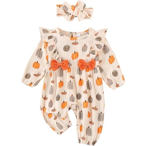 Newborn Baby Girl Halloween Clothes Puff Sleeve Cotton Linen Ruffle Pumpkin Print Jumpsuit Fall One Piece Outfits