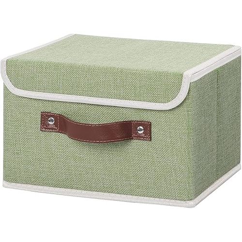 ANMINY Storage Bin with Lid Storage Boxes with PU Leather Handles PP Plastic Board Decorative Foldable Lidded Cotton Linen Fabric Home Cubes Baskets Closet Organizer Container - Green, Small Size
