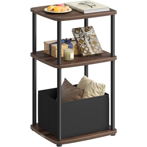 SONGMICS HOME Side Table, 3-Tier Nightstand with Storage, End Table with Fabric Basket, for Bedroom, Living Room, Steel Frame, Superfast Toolless Assembly, Modern, Ebony Walnut ULET286K01