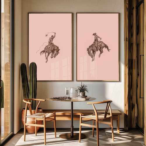 Pink Cowboy Bronco Poster Set: Vintage Western Art Prints