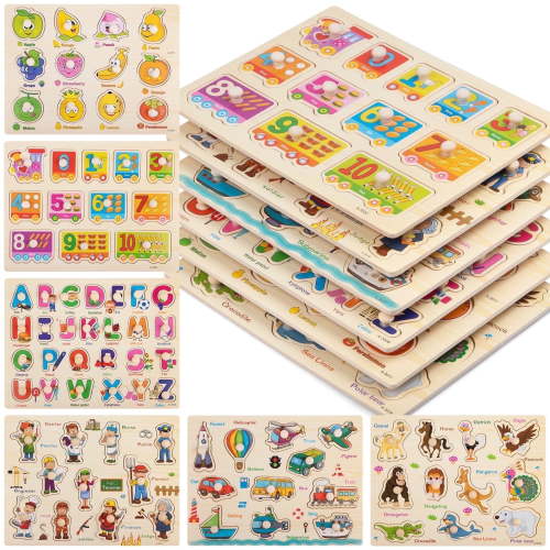 Zsiparty Wooden Peg Puzzles for Kids, 11.8 X 8.9 inch Preschool Puzzles Set for Toddlers Ages 1-3, 6 Pack Learning Toys Gifts Boys Girls