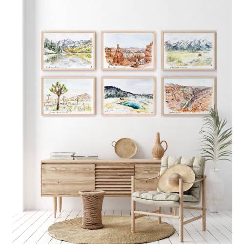 Set of 6 United States National Park Prints - Watercolor Painting Nature Gallery Wall Art, Mountain Nursery Woodland Yellowstone Rocky Grand