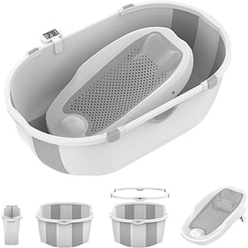 Collapsible Baby Bathtub with Bath Stand,Baby Bath Tub with Thermometer and Drain Outlet, Durable and Essential Baby Bathtub, Suitable for Babies from 0-5 Years Old to Toddlers(Grey)