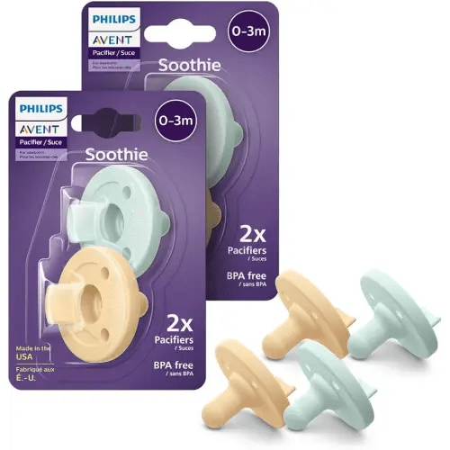 Philips Avent Soothie Orthodontic Baby Pacifiers, 100% Silicone Pacifiers, One Piece, BPA-Free, for Babies 0-3 Months, 2 Green and 2 Yellow, 4 Pack, Model SCF190/71