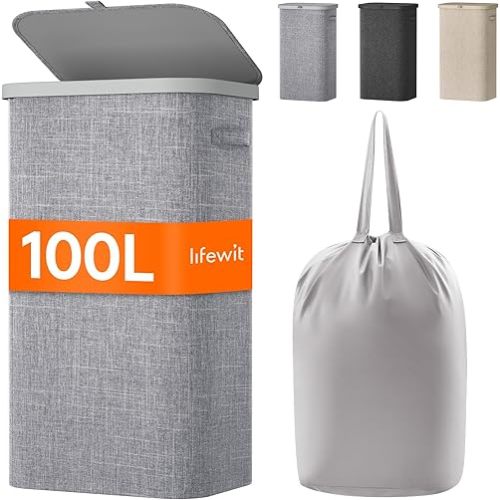 Lifewit 100L Laundry Basket with Lid, Large Laundry Hamper with Plastic Handles and Removable Bag, Foldable Tall Dirty Clothes Hampers for Laundry for Laundry Room, Bedroom, Bathroom, Dorm,Light Gray