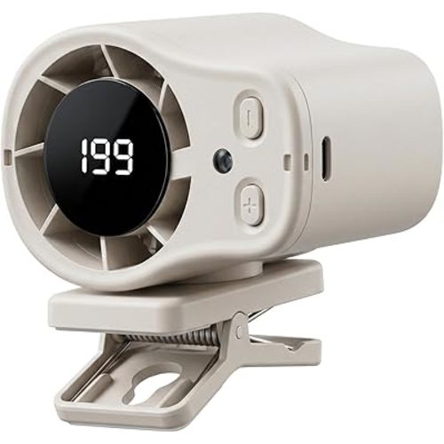 KOSIMI Car Clip on Air Conditioner Fan with LED Display, 360°Rotation, USB Rechargeable Personal Fan, Hands-Free Clip on Fan for Cars, Work, Camping (White)