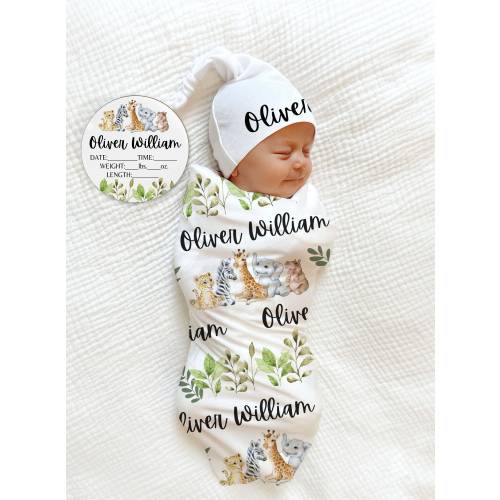 Safari Animal Baby Blanket / Swaddle Hat Animal Baby PERSONALIZED Baby Shower Gift Set Newborn Baby Boy Coming Home Outfit Hospital Photo