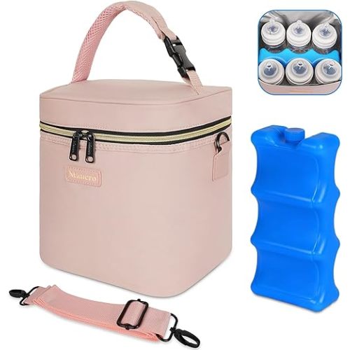 Mancro Breastmilk Cooler Bag Fits 6 Bottles Up to 9 Ounce, Insulated Baby Bottle Bag Comes with ice Pack and Shoulder Strap, Baby Bottle Cooler Bags for Daycare Nursing, Pink