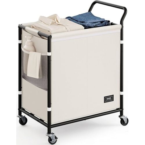 SOLEDI Laundry Basket with Wheels,38 Gallons(145L) Laundry Hamper 2 Section,Sturdy Metal Frame with Handle,Laundry Cart,Rolling Laundry Basket for Bedroom Aesthetic,Easy to Assemble,Ivory
